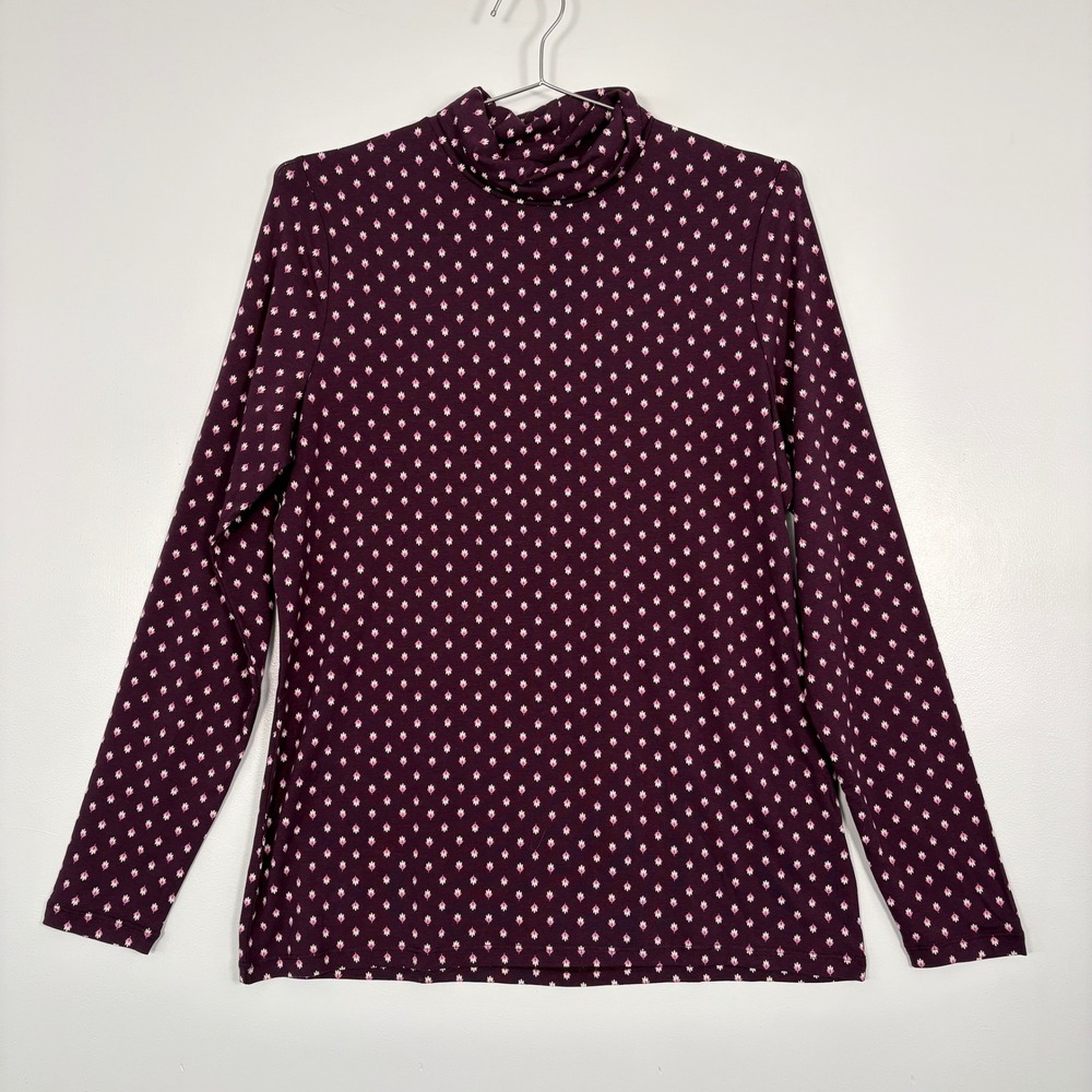 Lands' End Womens Turtleneck Top L/T Purple Floral Cotton Modal Stretch Long Slv